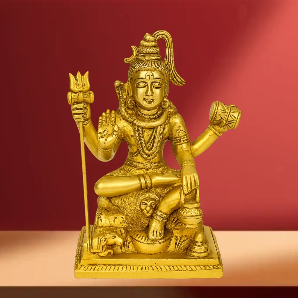 Brass Lord Shiva Idol in Meditative Blessing Pose - Handcrafted Mahadev Statue with Trishul and Damru