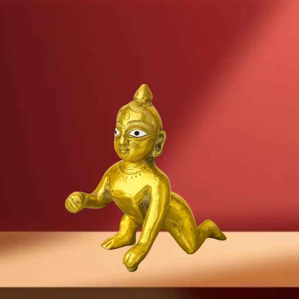 Brass Bal Gopal Idol in Crawling Pose - Handcrafted Baby Krishna Statue