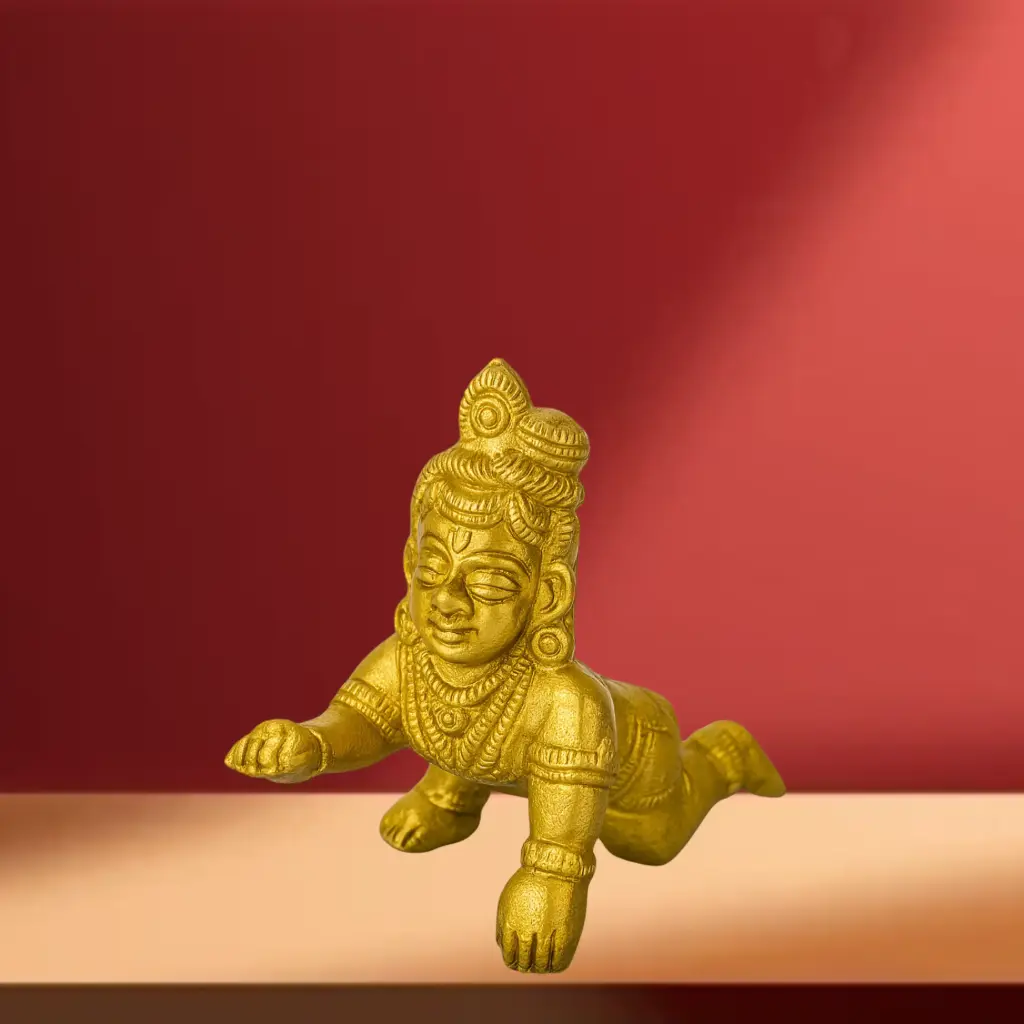 Brass Ladoo Gopal Idol in Crawling Pose - Ornate Baby Krishna Murti with Traditional Detailing