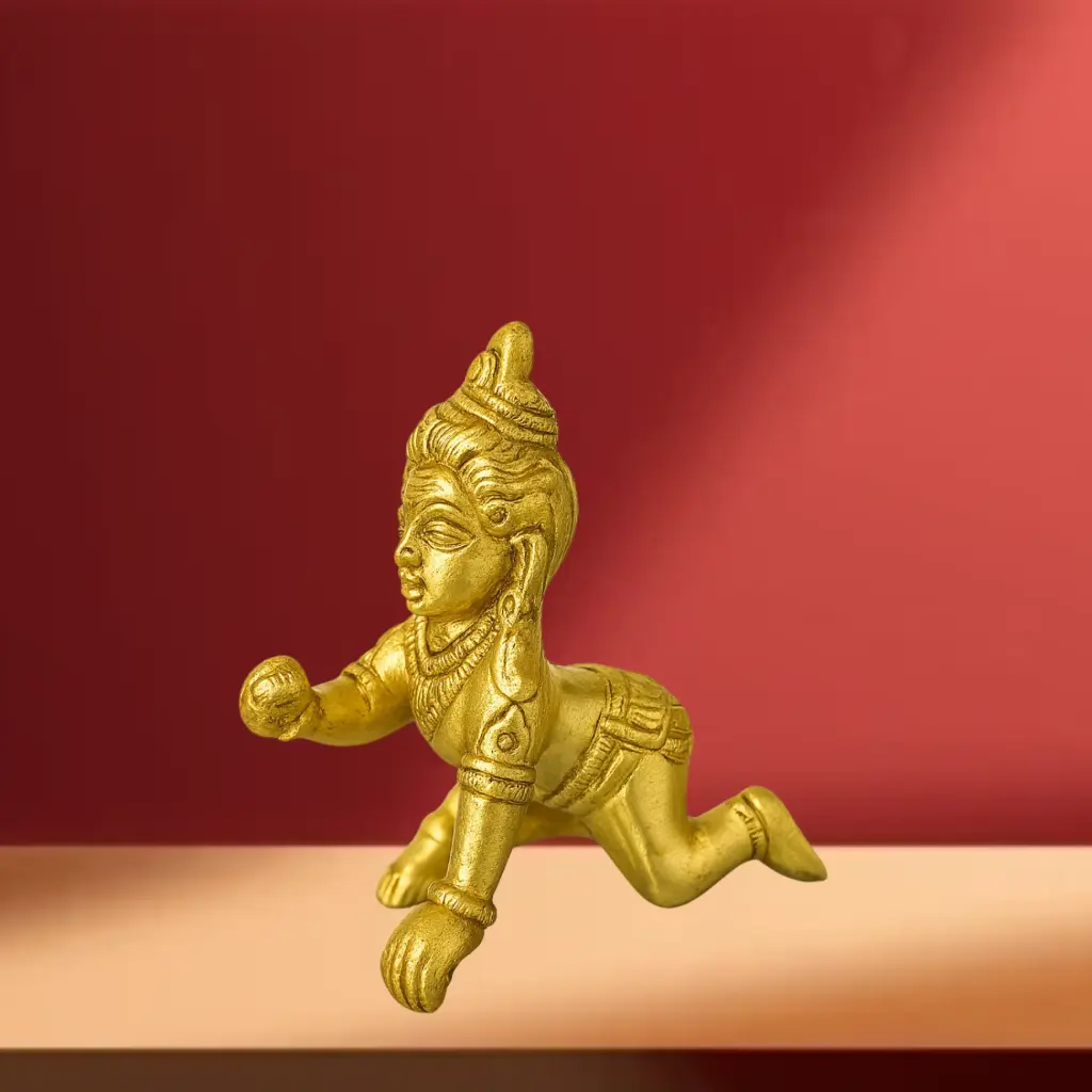 Brass Baby Krishna Idol in Crawling Pose - Handcrafted Ladoo Gopal Statue for Devotional Décor