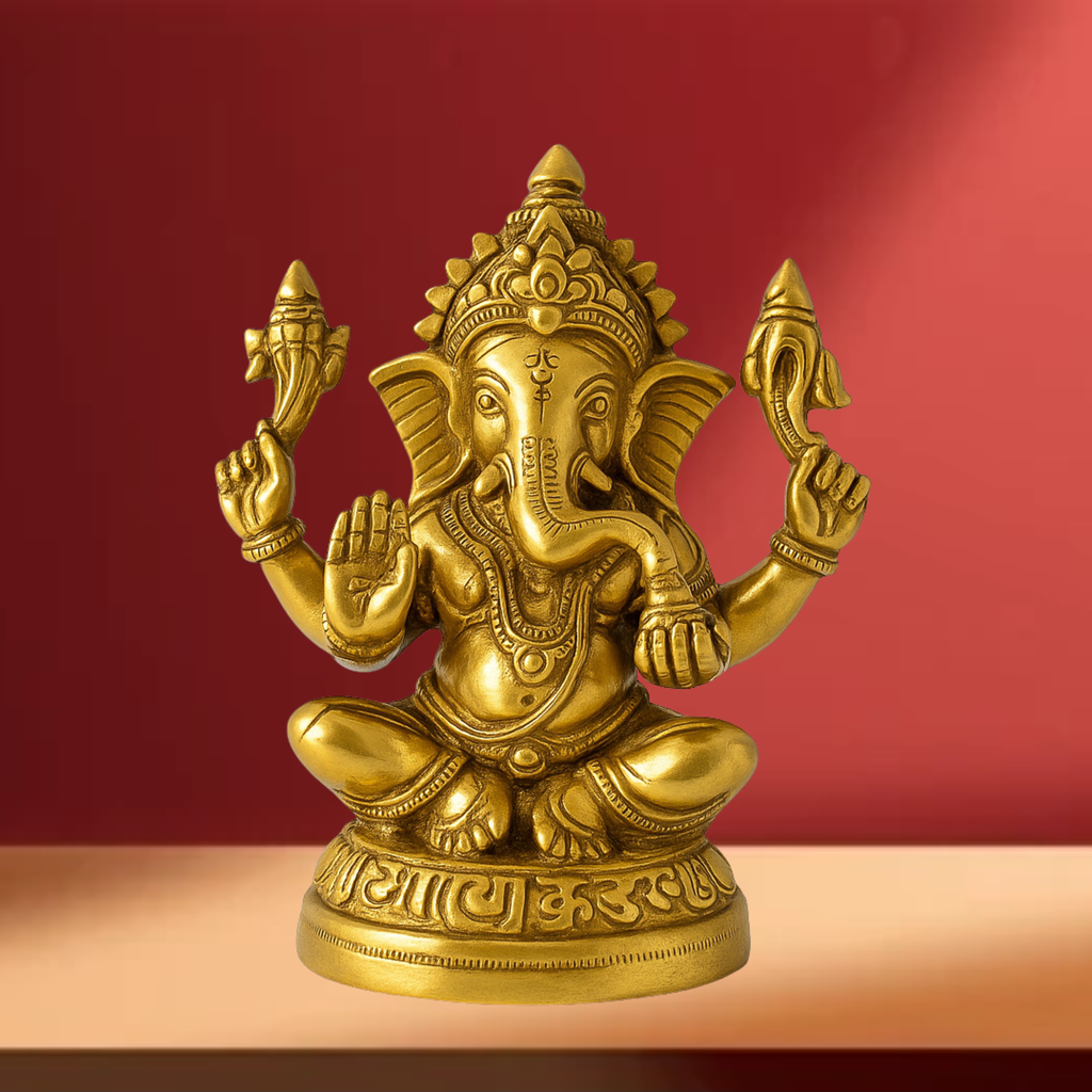 Brass Lord Ganesha Idol Sitting in Blessing Pose - Handcrafted Vighnaharta Statue