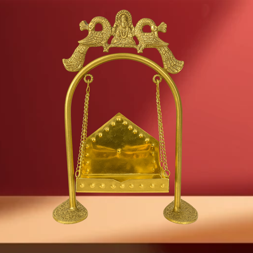 Handcrafted Brass Jhula for Laddu Gopal - Decorative Swing with Peacock Arch and Hanging Chains