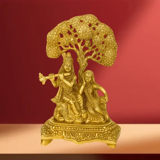 Brass Radha Krishna Idol Under Tree - Handcrafted Divine Love Sculpture