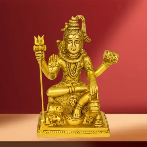 Brass Lord Shiva Idol in Meditative Blessing Pose - Handcrafted Mahadev Statue with Trishul and Damru
