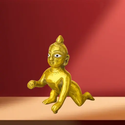 Brass Bal Gopal Idol in Crawling Pose - Handcrafted Baby Krishna Statue