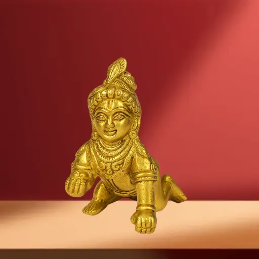 Brass Bal Krishna Idol with Peacock Feather - Smiling Ladoo Gopal in Crawling Pose