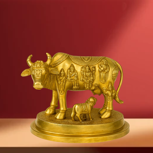 Divine Brass Kamdhenu Cow with Calf - Engraved with Hindu Deities | Vastu and Puja Figurine